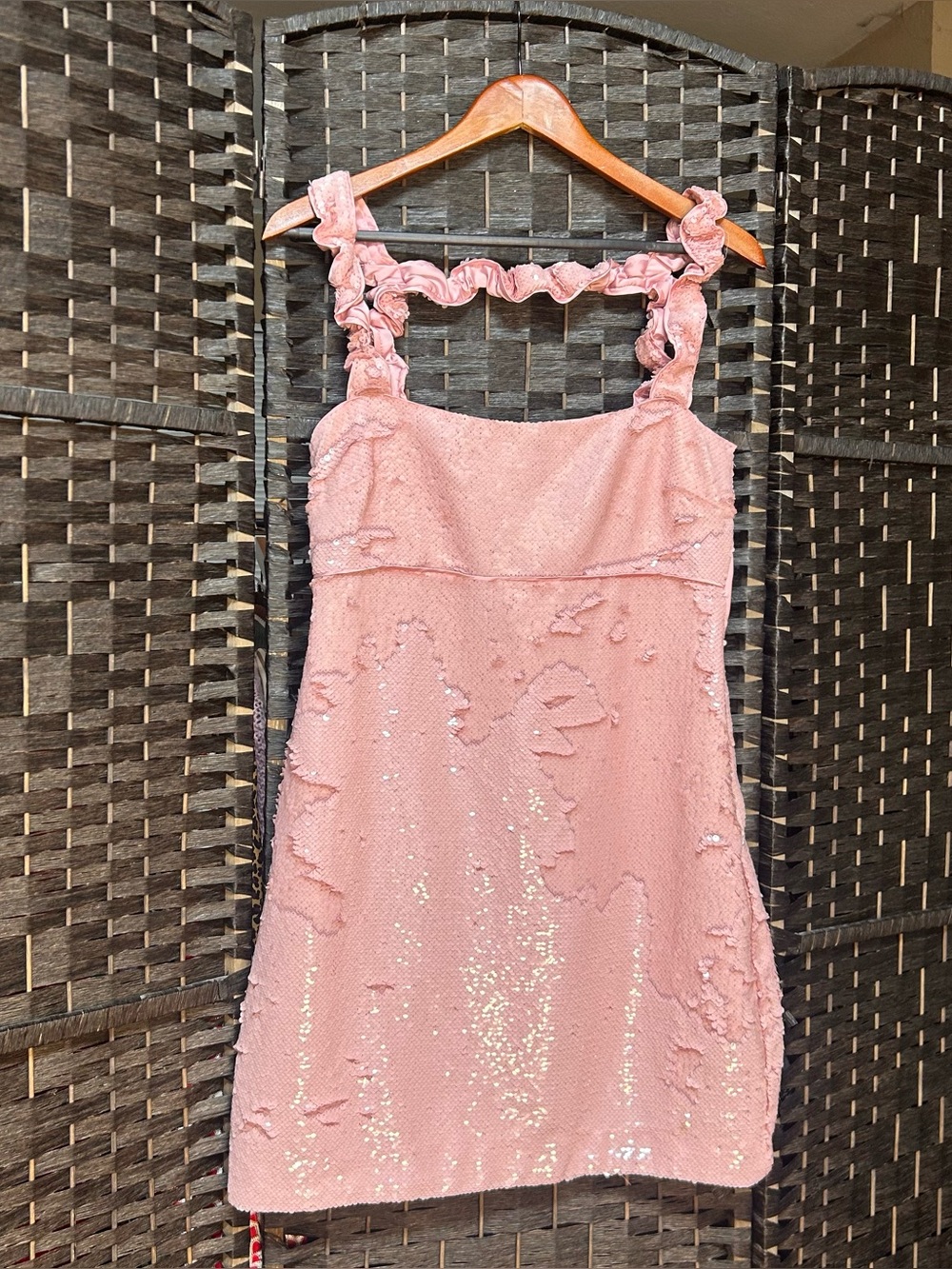 Ganni pink sequin mini dress with scrunch straps size 38 or 6